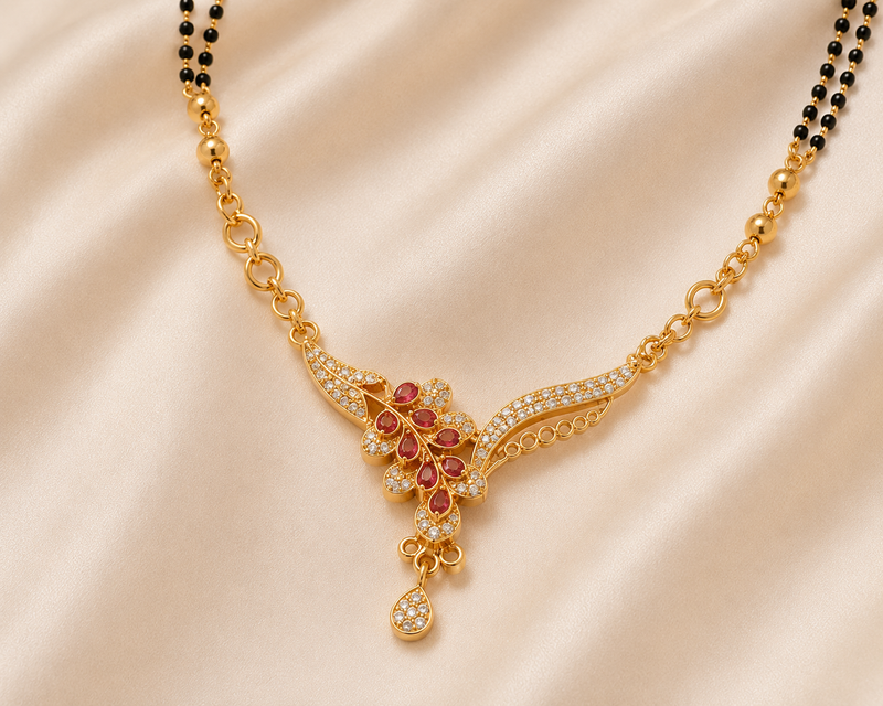 Premium Gold Plated American Diamond Floral Design Imitation Mangalsutra for Women | CZ Stone Traditional Necklace