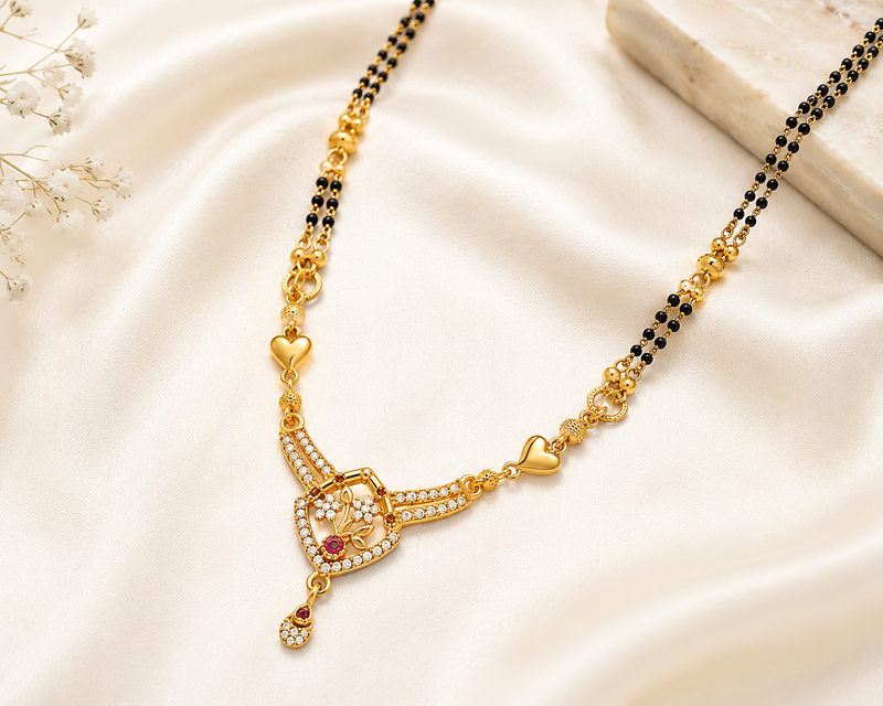 Premium Heart Design American Diamond Imitation Mangalsutra for Women | Gold Plated Traditional & Daily Wear Necklace