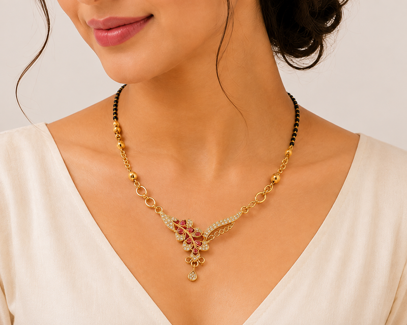 Premium Gold Plated American Diamond Floral Design Imitation Mangalsutra for Women | CZ Stone Traditional Necklace