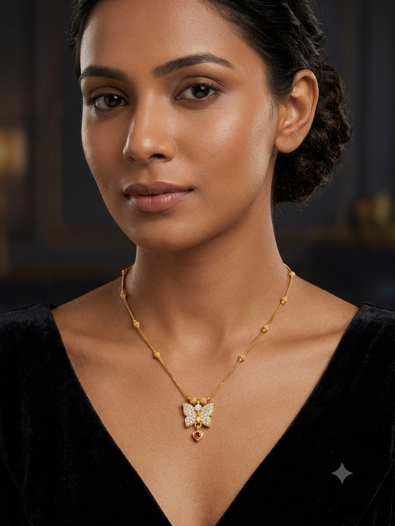 Gold Plated Butterfly Pendant Necklace for Women with American Diamond & Ruby Drop