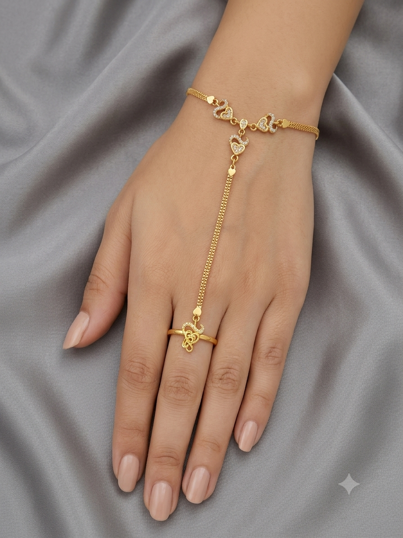 Gold Plated AD Bracelet Ring Hand Harness for Women | Adjustable Hathphool