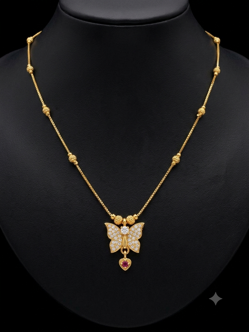 Gold Plated Butterfly Pendant Necklace for Women with American Diamond & Ruby Drop