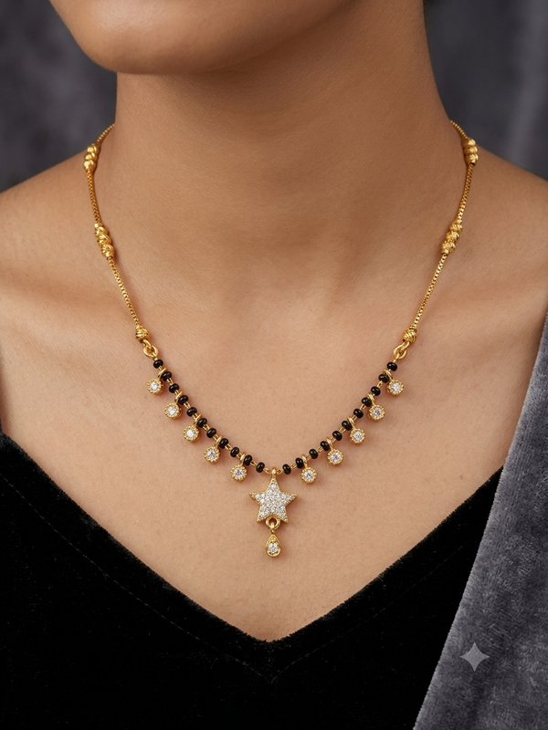 Gold Plated Star Pendant Mangalsutra for Women | American Diamond Black Beads Necklace