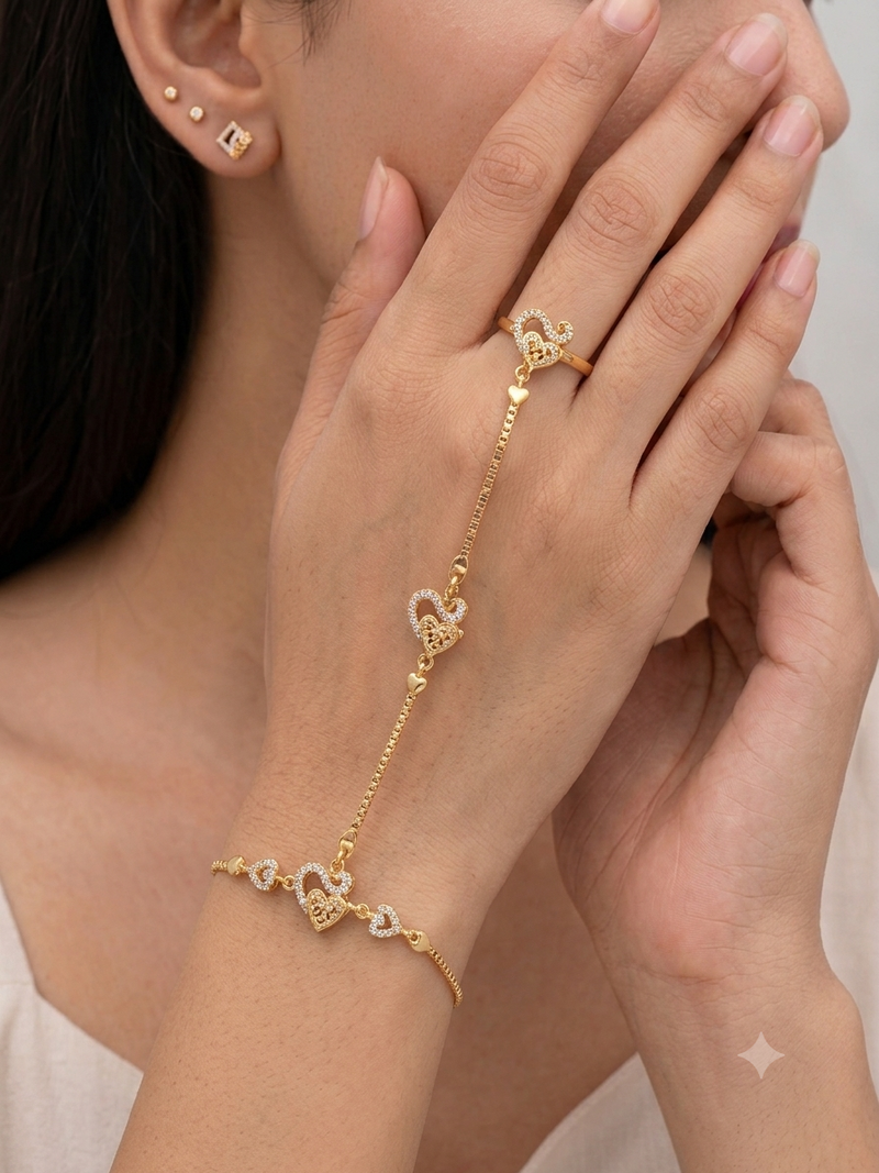 Gold Plated AD Bracelet Ring Hand Harness for Women | Adjustable Hathphool