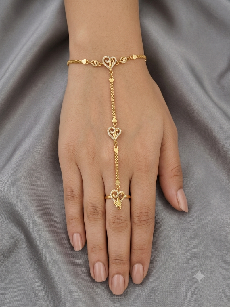 Gold Plated Heart Design AD Hathphool Bracelet Ring for Women | Adjustable Hand Harness