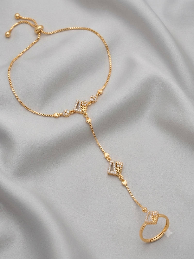 Gold Plated AD Bracelet Ring Hand Harness for Women | Adjustable Hathphool