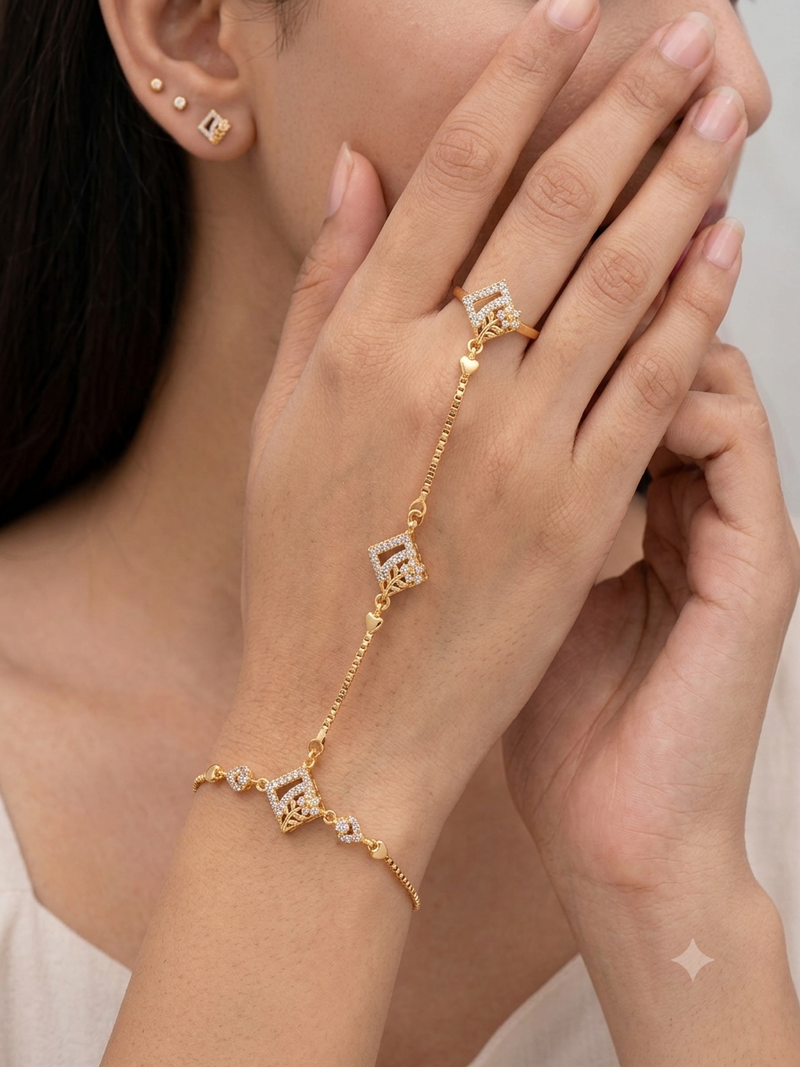 Gold Plated AD Bracelet Ring Hand Harness for Women | Adjustable Hathphool