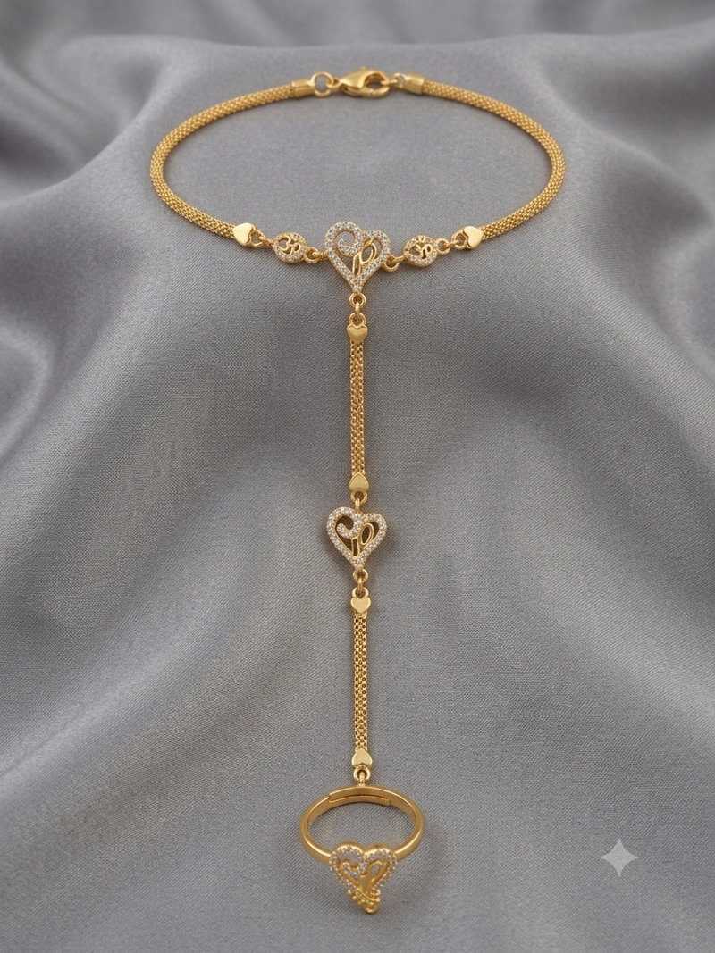 Gold Plated Heart Design AD Hathphool Bracelet Ring for Women | Adjustable Hand Harness