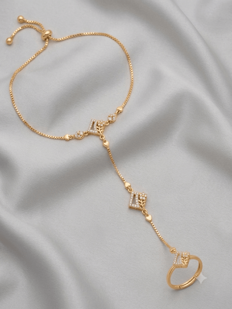Gold Plated AD Bracelet Ring Hand Harness for Women | Adjustable Hathphool - ORNIVA