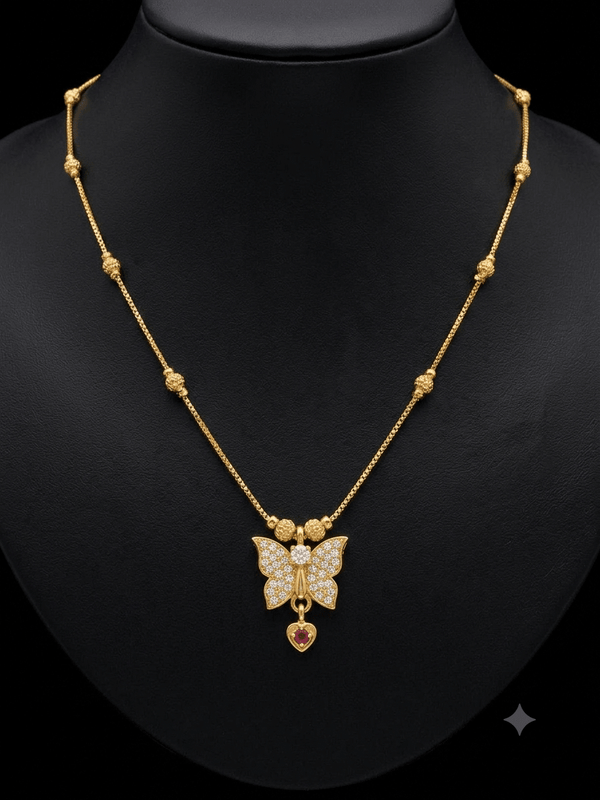 Gold Plated Butterfly Pendant Necklace for Women with American Diamond & Ruby Drop - ORNIVA