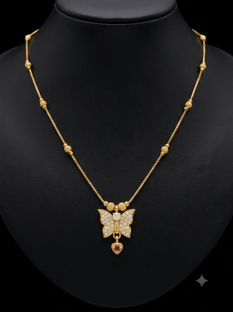 Gold Plated Butterfly Pendant Necklace for Women with American Diamond & Ruby Drop - ORNIVA