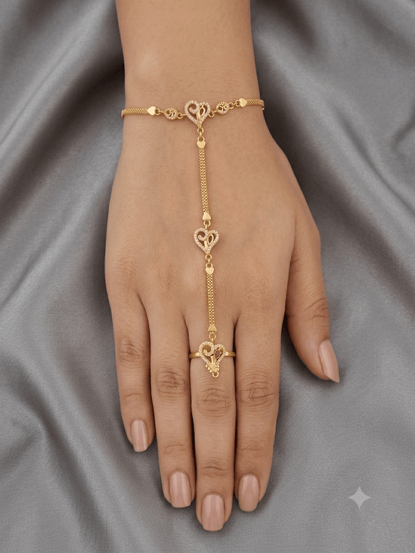 Gold Plated Heart Design AD Hathphool Bracelet Ring for Women | Adjustable Hand Harness - ORNIVA