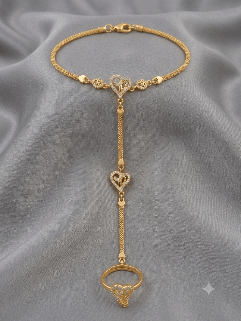 Gold Plated Heart Design AD Hathphool Bracelet Ring for Women | Adjustable Hand Harness - ORNIVA